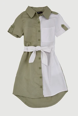 Girls Color Block Shirt Dress, Green, Size 10-12