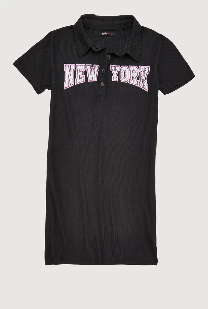 Girls Ribbed Knit New York Graphic Print Dress, Black, Size 14-16