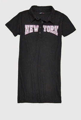 Girls Ribbed Knit New York Graphic Print Dress, Black, Size 14-16