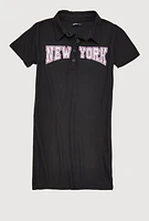 Girls Ribbed Knit New York Graphic Print Dress, Black, Size 14-16