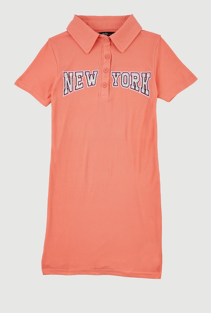 Girls Ribbed Knit New York Graphic Print Dress, Orange,