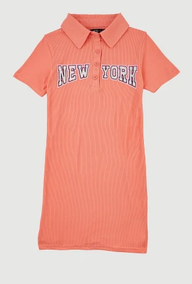Girls Ribbed Knit New York Graphic Print Dress, Orange,