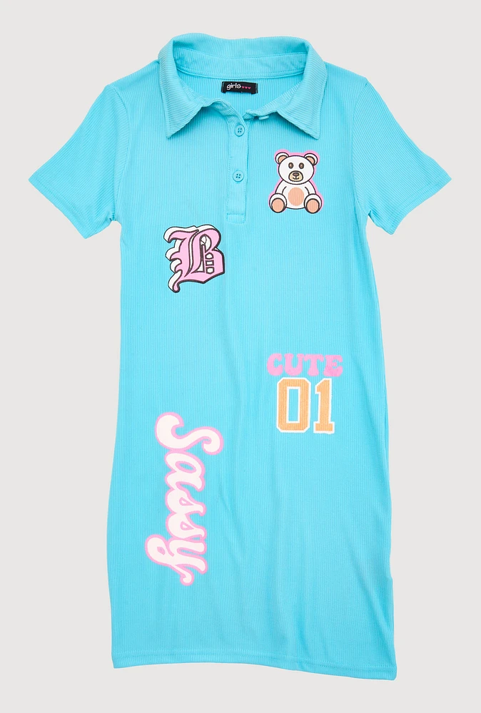 Girls Rib Knit Sassy Graphic Print Shirt Dress, Blue, Size 10-12