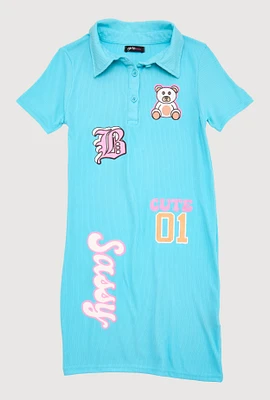 Girls Rib Knit Sassy Graphic Print Shirt Dress, Blue, Size 10-12