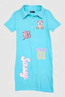 Girls Rib Knit Sassy Graphic Print Shirt Dress, Blue, Size 10-12