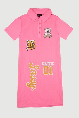 Girls Rib Knit Sassy Graphic Print Shirt Dress, Pink, Size 14-16