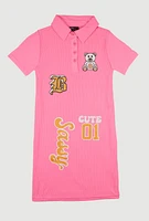 Girls Rib Knit Sassy Graphic Print Shirt Dress, Pink, Size 14-16