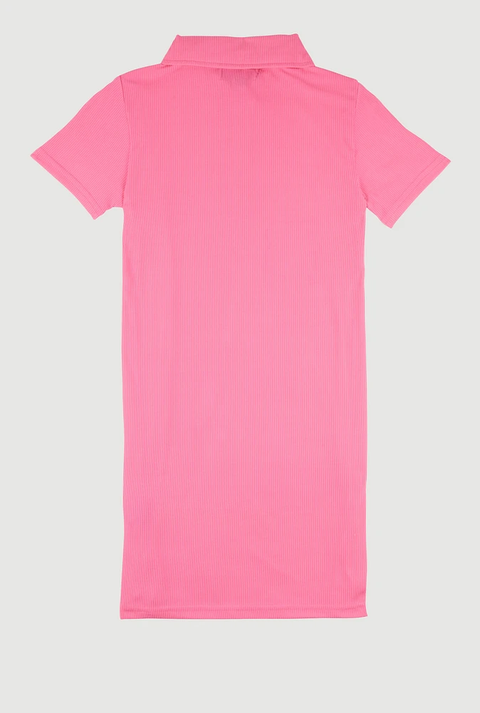 Girls Rib Knit Sassy Graphic Print Shirt Dress, Pink,