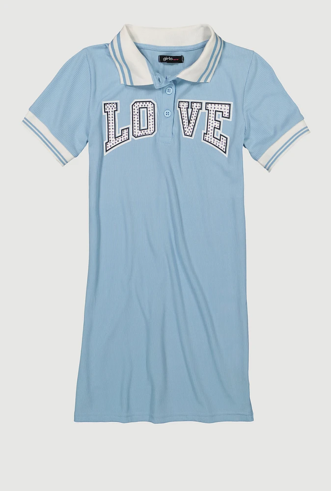 Girls Rhinestone Love Varsity Polo Dress, Blue, Size 10-12