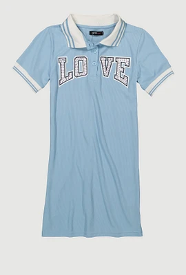 Girls Rhinestone Love Varsity Polo Dress, Blue, Size 10-12