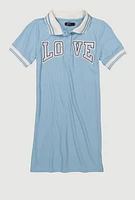 Girls Rhinestone Love Varsity Polo Dress, Blue, Size 10-12