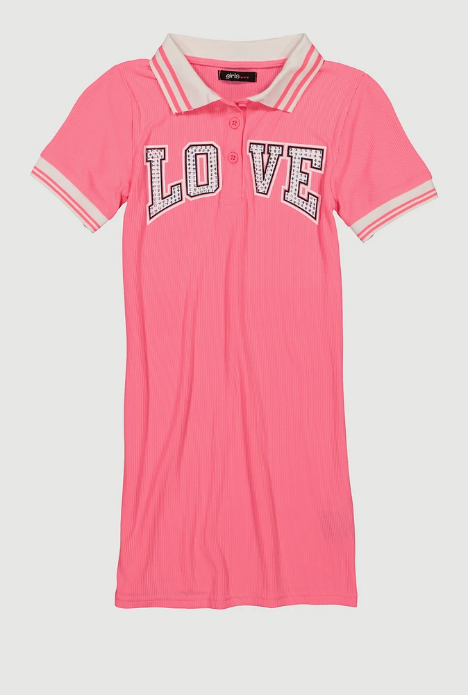 Girls Rhinestone Love Varsity Polo Dress, Pink, Size 14-16