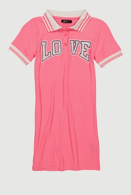 Girls Rhinestone Love Varsity Polo Dress, Pink, Size 14-16