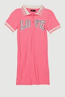 Girls Rhinestone Love Varsity Polo Dress, Pink, Size 14-16