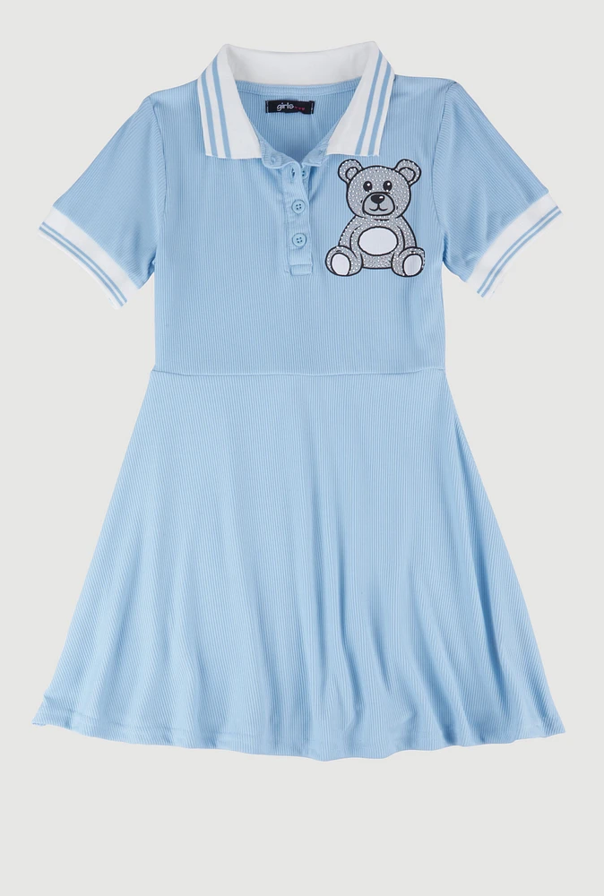Girls Rhinestone Teddy Graphic Skater Dress, Blue, Size 7-8