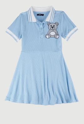 Girls Rhinestone Teddy Graphic Skater Dress, Blue, Size 7-8