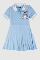 Girls Rhinestone Teddy Graphic Skater Dress, Blue, Size 7-8