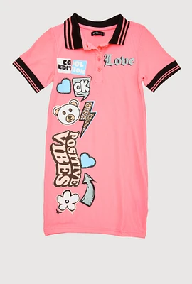 Girls Graphic Varsity Stripe Polo Shirt Dress, Pink, Size 14-16