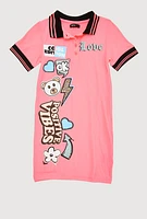 Girls Graphic Varsity Stripe Polo Shirt Dress, Pink, Size 14-16