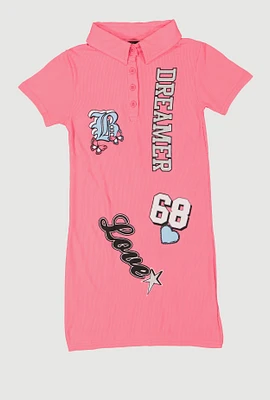 Girls Rib Knit Dreamer Patch Graphic Dress, Pink, Size 7-8