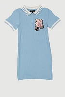 Girls Chenille B Initial Patch Ribbed Knit Dress, Blue, Size 7-8