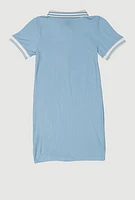 Girls Chenille B Initial Patch Ribbed Knit Dress, Blue, Size 7-8