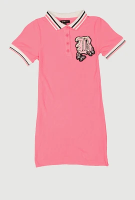 Girls Chenille B Initial Patch Ribbed Knit Dress, Pink, Size 14-16