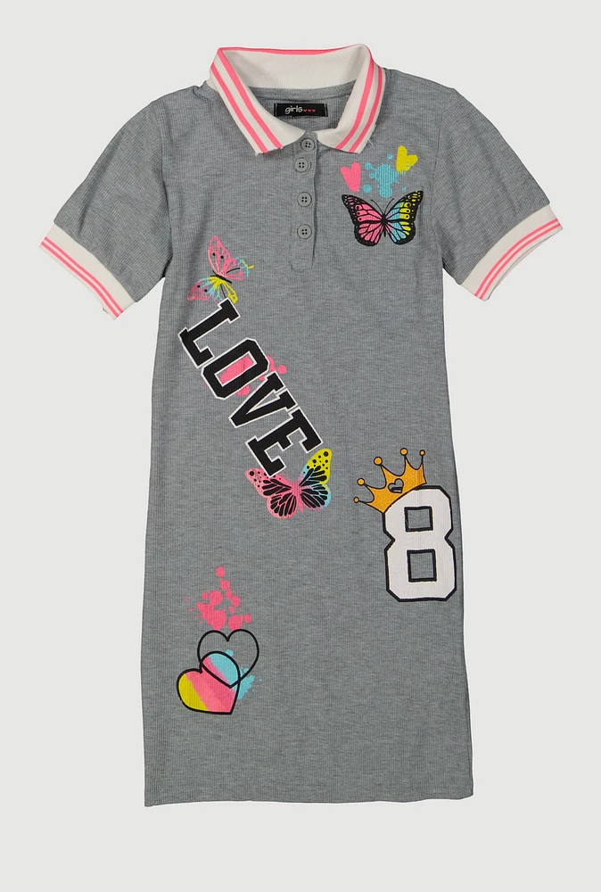 Girls Love Graphic Print Shirt Dress, Grey, Size 7-8