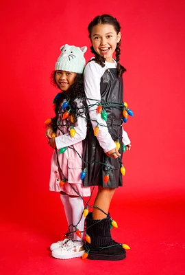 Girls Faux Leather Cargo Dress with Long Sleeve Top, Black, Size 14-16
