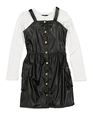 Girls Faux Leather Cargo Dress with Long Sleeve Top, Black, Size 7-8