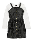 Girls Faux Leather Cargo Dress with Long Sleeve Top, Black, Size 14-16