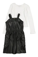 Girls Faux Leather Cargo Dress with Long Sleeve Top, Black, Size 14-16