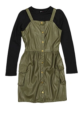 Girls Faux Leather Cargo Dress with Long Sleeve Top, Green, Size 7-8