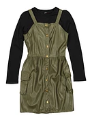 Girls Faux Leather Cargo Dress with Long Sleeve Top, Green, Size 7-8