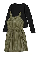 Girls Faux Leather Cargo Dress with Long Sleeve Top, Green, Size 7-8