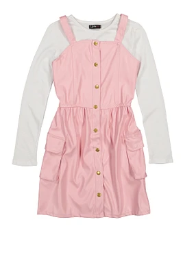 Girls Faux Leather Cargo Dress with Long Sleeve Top, Pink, Size 7-8