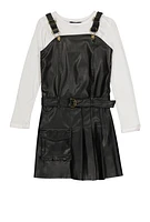 Girls Faux Leather Pleated Overall Dress with Top,