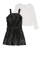 Girls Faux Leather Pleated Overall Dress with Top,