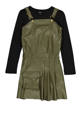 Girls Faux Leather Pleated Overall Dress with Top, Green, Size 10-12
