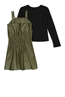 Girls Faux Leather Pleated Overall Dress with Top, Green,