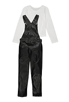 Girls Faux Leather Overalls with Long Sleeve Top, Black, Size 10-12