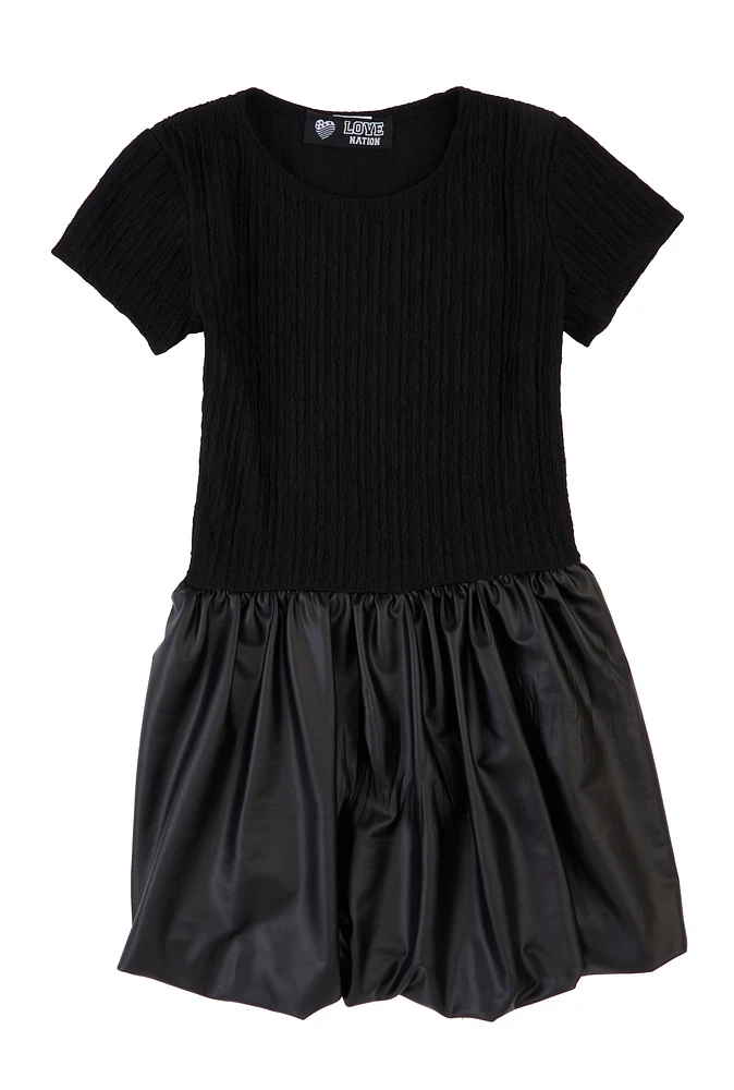 Girls Faux Leather Bubble Hem Dress, Black, Size 12