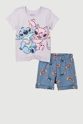 Little Girls Stitch and Angel Graphic Tee and Chambray Shorts, Purple, Size 4