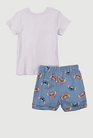 Little Girls Stitch and Angel Graphic Tee and Chambray Shorts, Purple, Size 4