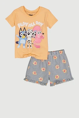 Little Girls Bluey Play All Day Graphic Tee and Shorts, Orange,
