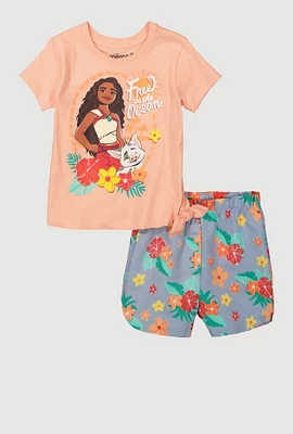 Little Girls Moana Tie Side Graphic Tee and Shorts, Orange, Size 5-6