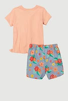 Little Girls Moana Tie Side Graphic Tee and Shorts, Orange, Size 5-6