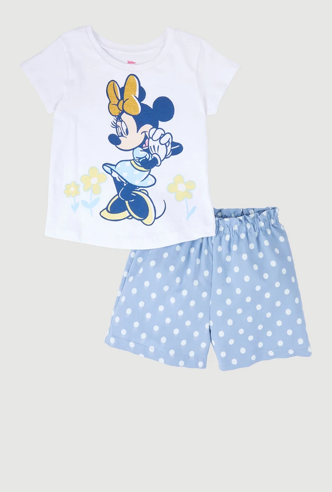 Little Girls Minnie Glitter Graphic Tee and Polka Dot Shorts, Blue, Size 5-6