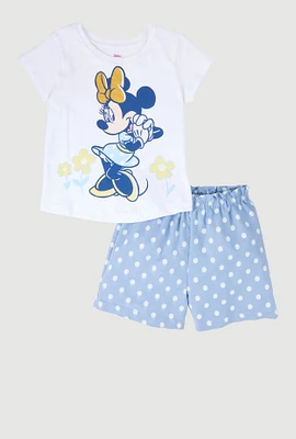 Little Girls Minnie Glitter Graphic Tee and Polka Dot Shorts, Blue, Size 5-6