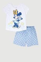 Little Girls Minnie Glitter Graphic Tee and Polka Dot Shorts, Blue, Size 5-6